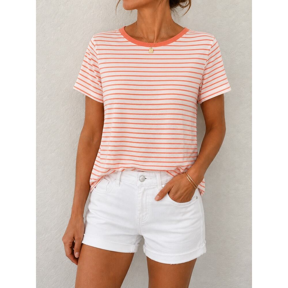 CHICO’S White Coral Stripe Cotton Tee Short Sleeve Classic Top | Size 1 Medium